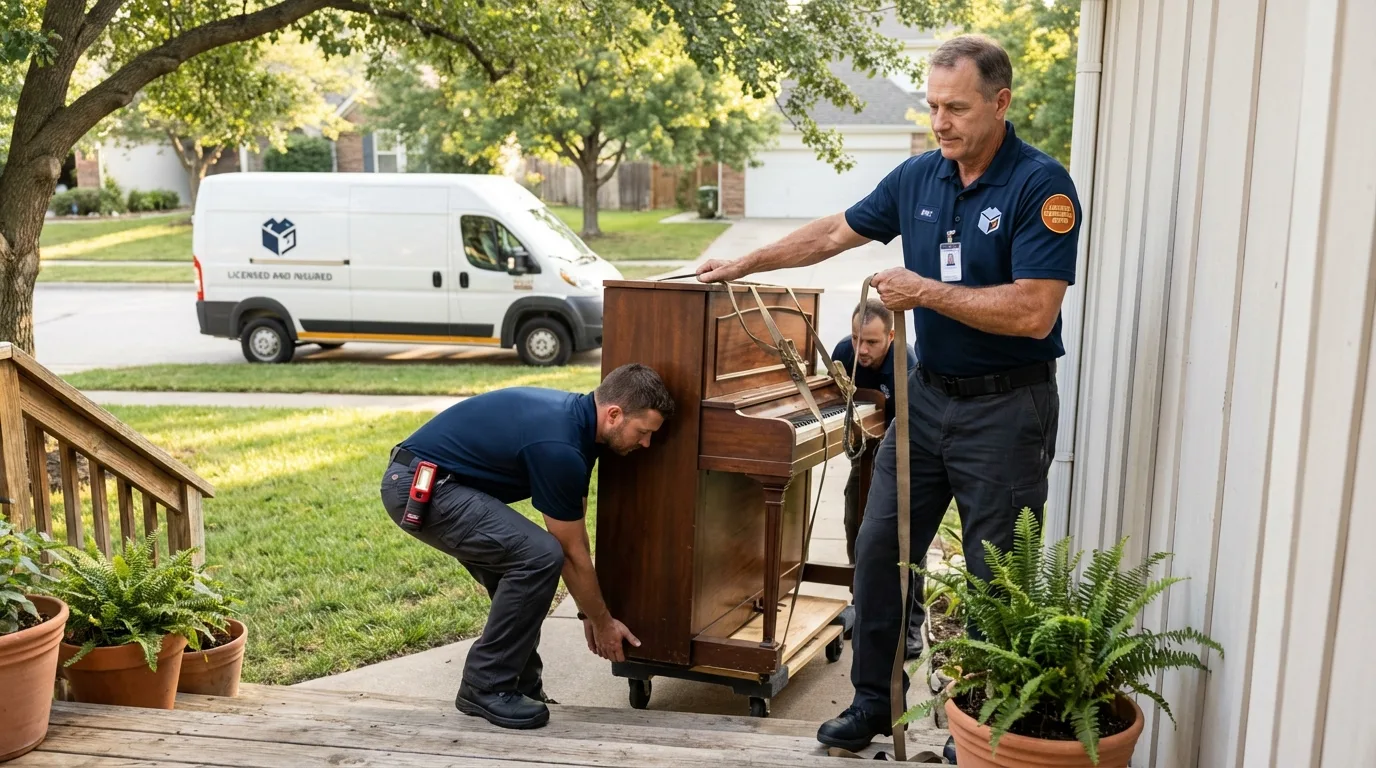 Licensed piano movers securing grand piano in Menifee, CA
