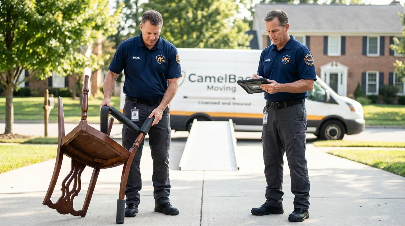 Movers inspecting furniture for damage prevention before loading in Menifee, CA