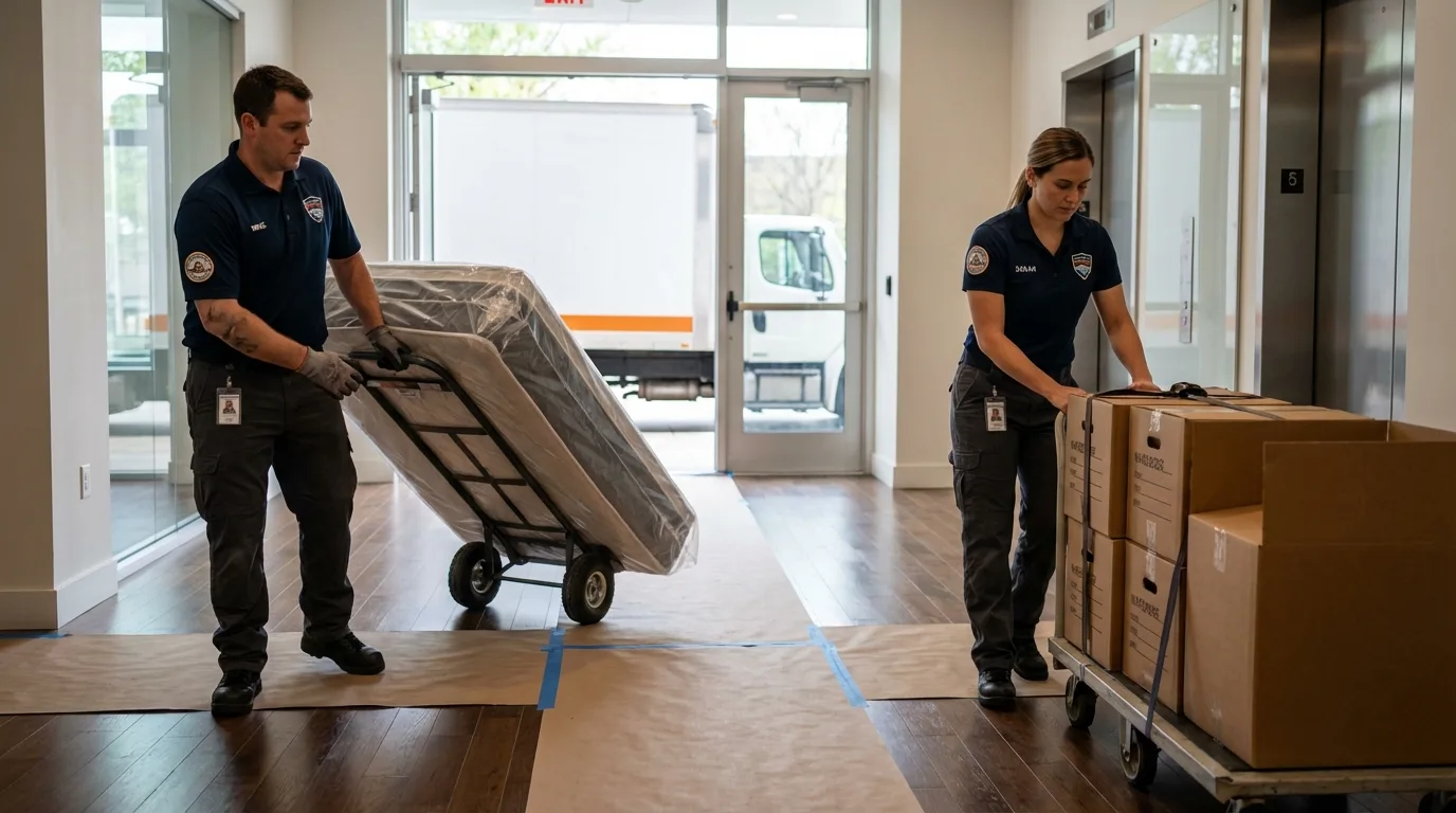 Professional apartment movers loading elevator in Menifee, CA