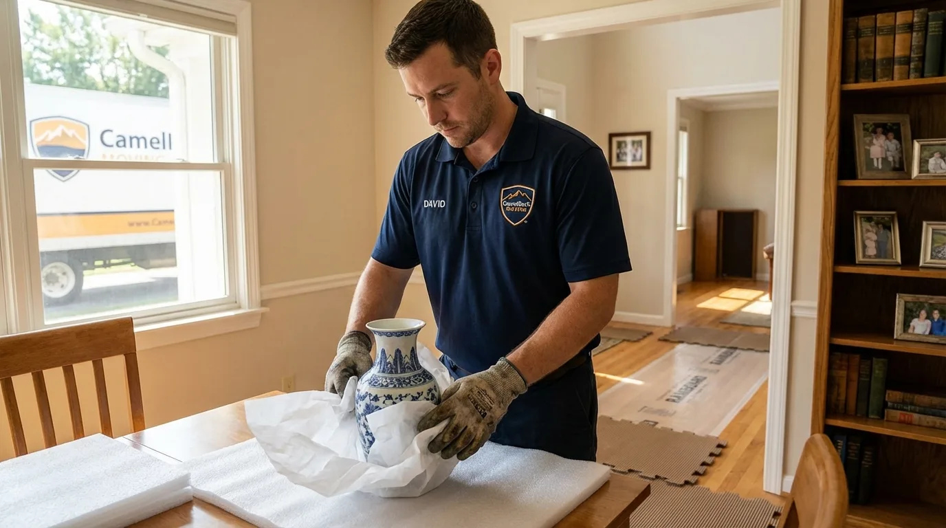 Professional crew carefully wrapping antique vase for senior downsizing move in Menifee, CA
